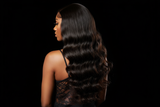Back view of brown-skinned model wearing luxury custom loose wave wig