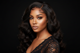 Brown-skinned model wearing luxury custom loose wave wig with lashes and lace top