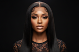 Brown-skinned model wearing luxury custom straight wig with lashes and lace top